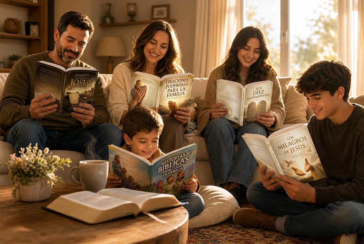 Familia cristiana reunida en una sala cálida leyendo los cinco eBooks de la colección con una Biblia abierta sobre la mesa